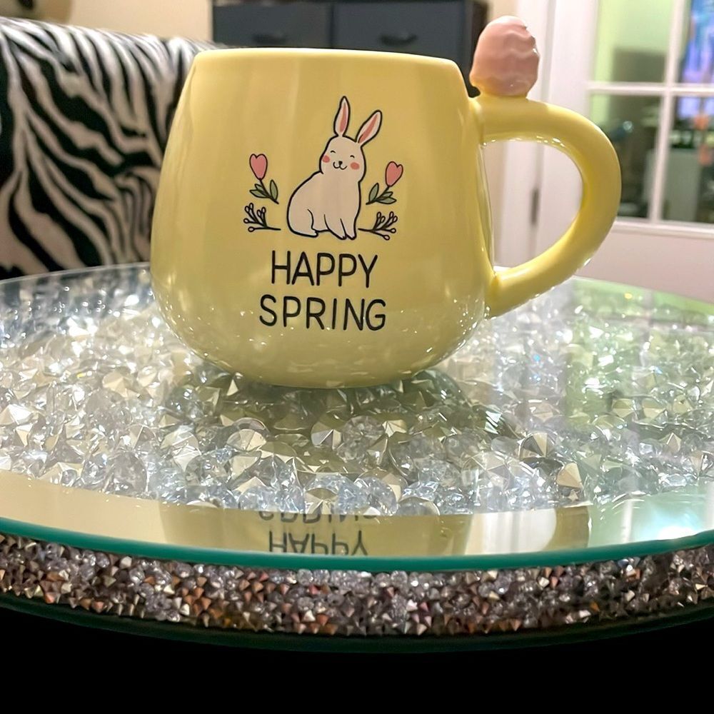 Eccolo happy spring Easter bunny rabbit pastel yellow mug with Easter egg